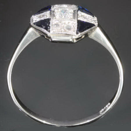 Interesting white gold Art Deco engagement ring with diamonds and sapphires