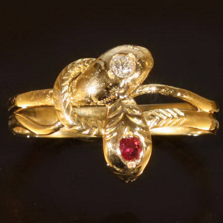Victorian two headed snake ring with old mine cut diamond and ruby