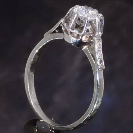 French late Art Deco engagement ring with old mine brilliant cut diamond