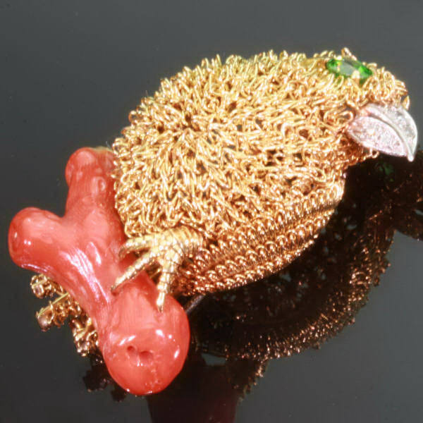 Fifties golden bird with demantoid eye and diamond beak on coral branch (image 3 of 6)