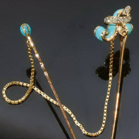 Intriguing double pins Victorian tie pin with rose cut diamonds and blue enamel (image 1 of 3)