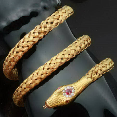 Diamond and ruby Victorian braided flexible coiled snake serpent bracelet