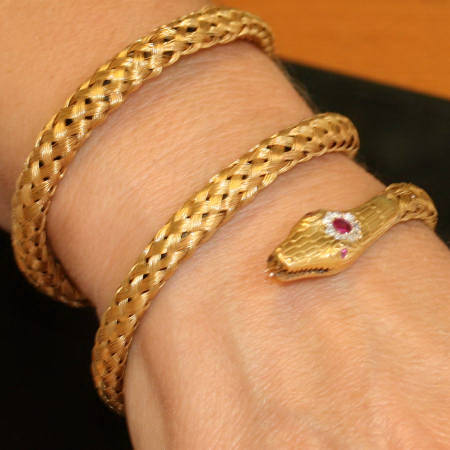 Diamond and ruby Victorian braided flexible coiled snake serpent bracelet (image 3 of 6)
