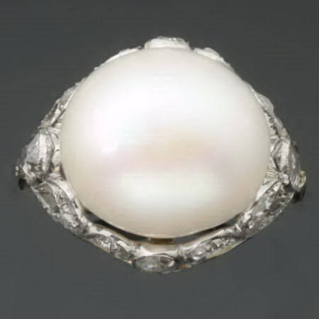 White gold estate engagement ring with impressive pearl and diamonds (image 2 of 7)