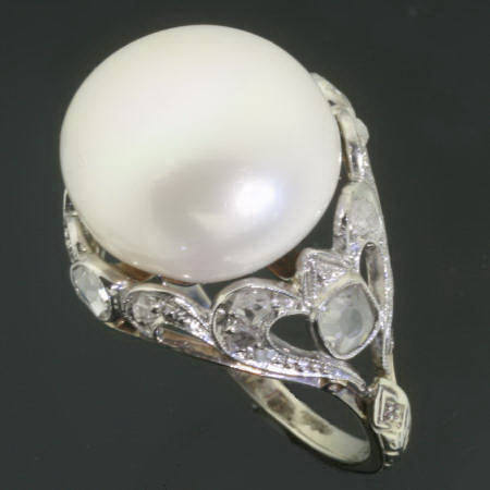 White gold estate engagement ring with impressive pearl and diamonds (image 3 of 7)