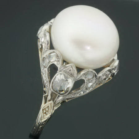 White gold estate engagement ring with impressive pearl and diamonds (image 4 of 7)