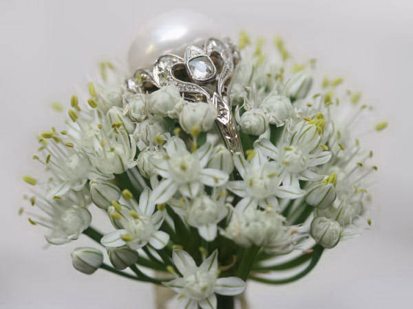 White gold estate engagement ring with impressive pearl and diamonds (image 6 of 7)