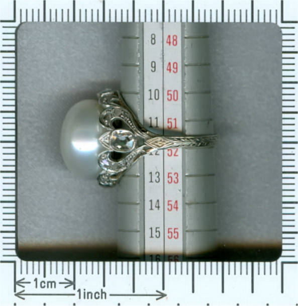 White gold estate engagement ring with impressive pearl and diamonds (image 7 of 7)