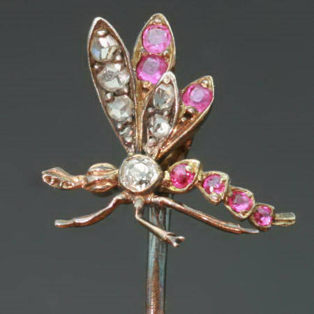Victorian golden stickpin in the form of a diamond and ruby mosquito