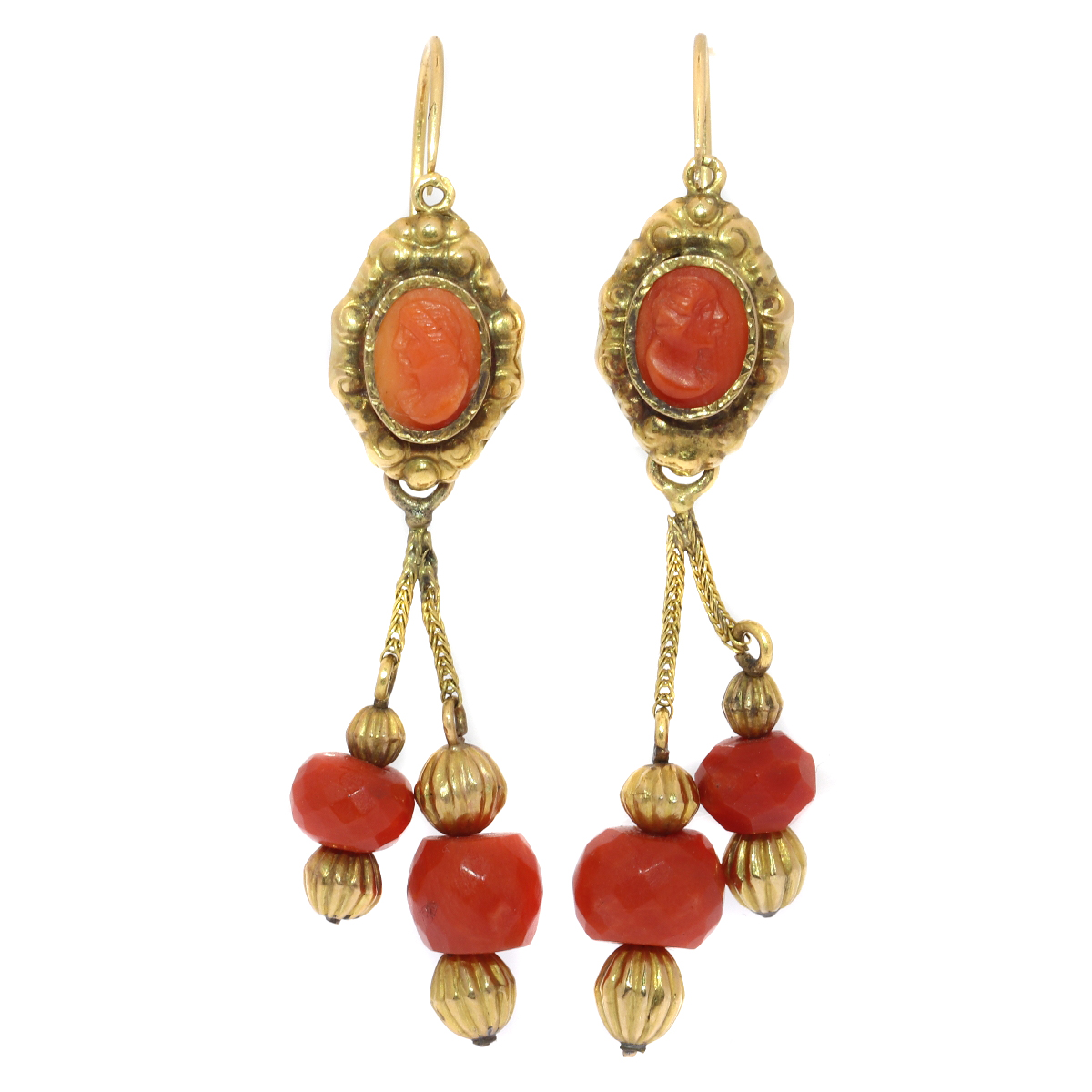 Georgian coral cameo beaded dangle earrings, 18kt yellow gold ...