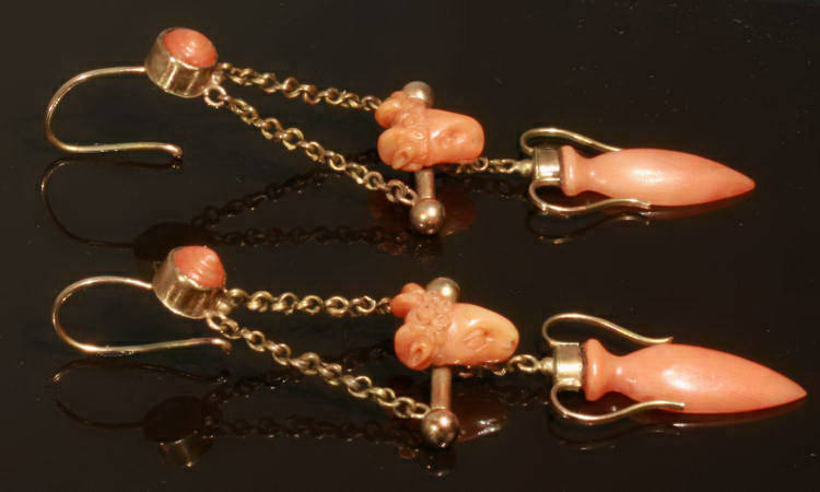 Long pendent Empire earrings with coral ram and amphora