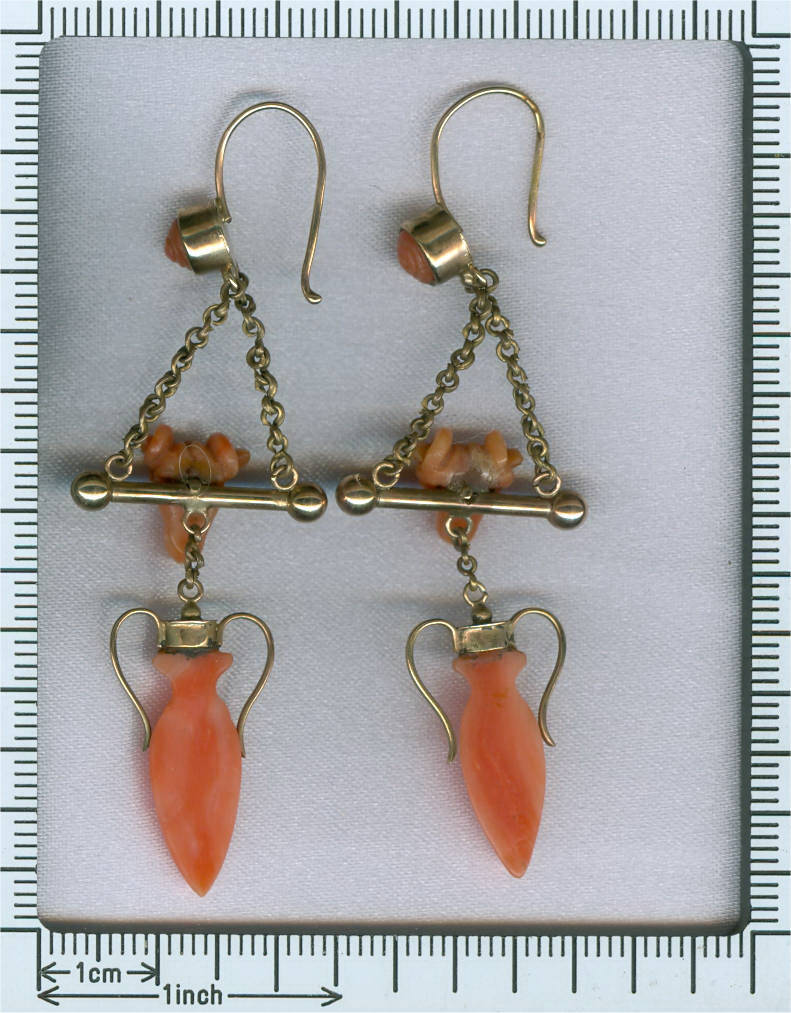 Long pendent Empire earrings with coral ram and amphora