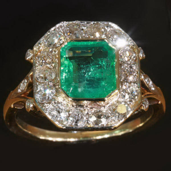 Estate diamond and Columbian emerald engagement ring (image 2 of 8)