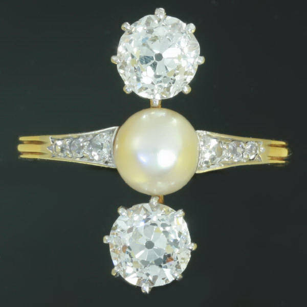 Antique three stone engagement ring pearl diamond