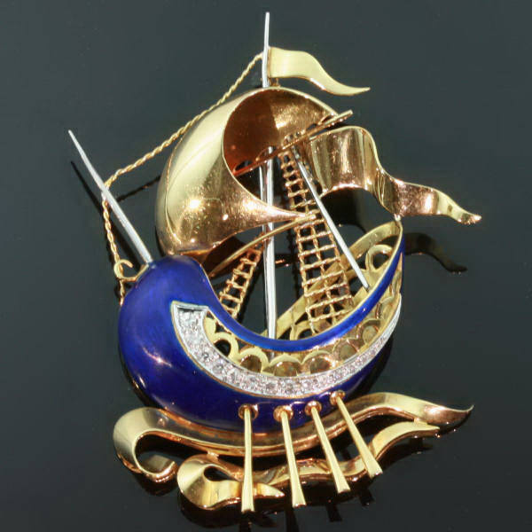 Playful fifties brooch in the shape of a sailing ship enameled gold and diamonds