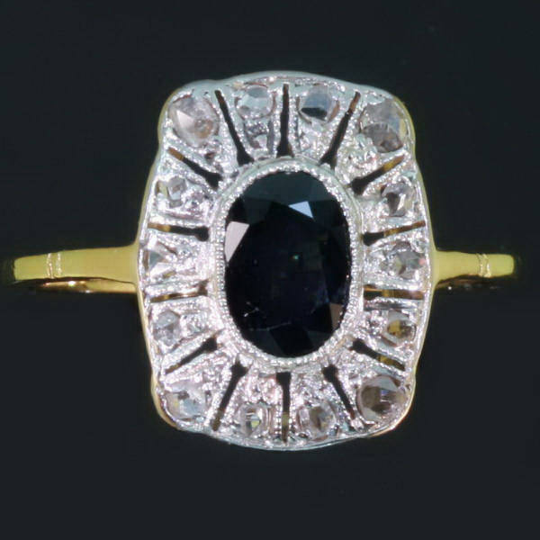 Decorative estate diamond sapphire engagement ring