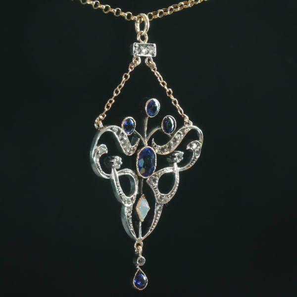 Victorian rose cut diamond pendant, gold backed silver with opal and blue stones