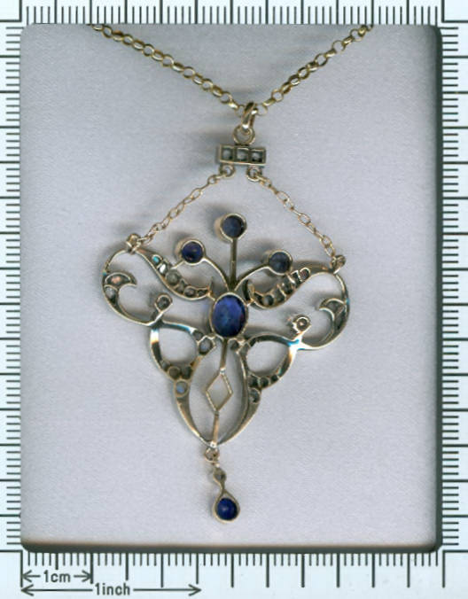 Victorian rose cut diamond pendant, gold backed silver with opal and blue stones