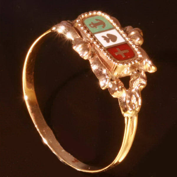 Early Victorian enameled gold faith, hope and charity ring