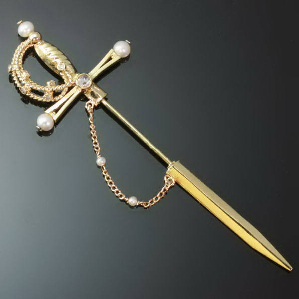 Estate jabot pin, sword shaped with rose cut diamonds and pearls (image 1 of 2)