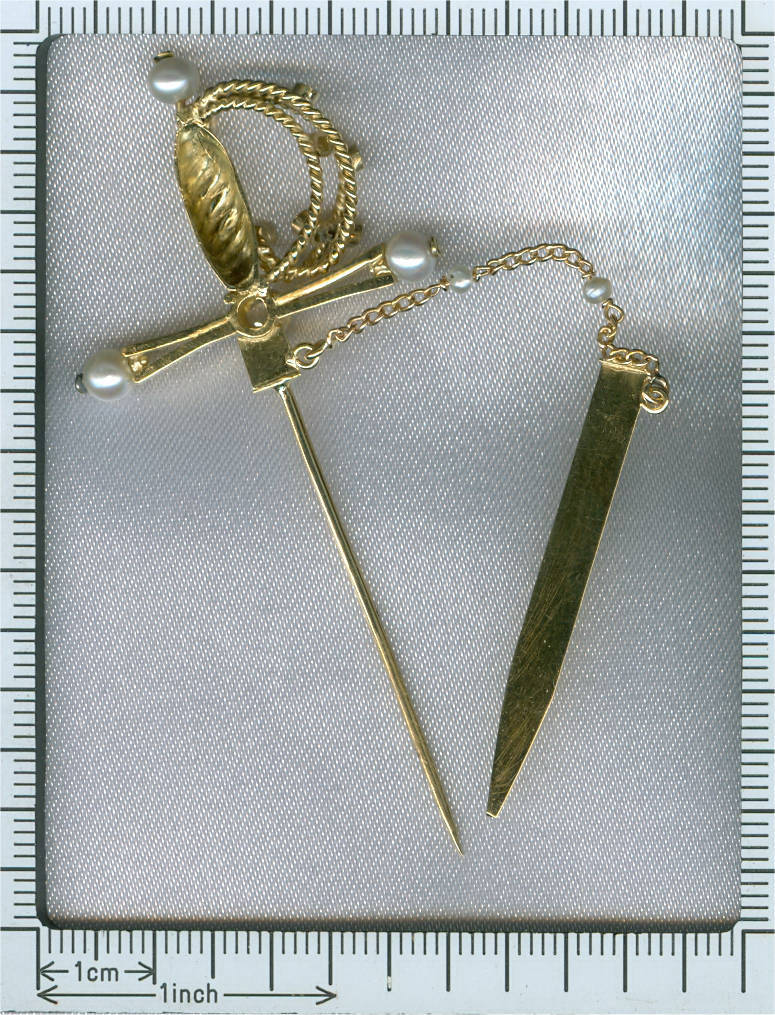 Estate jabot pin, sword shaped with rose cut diamonds and pearls (image 2 of 2)