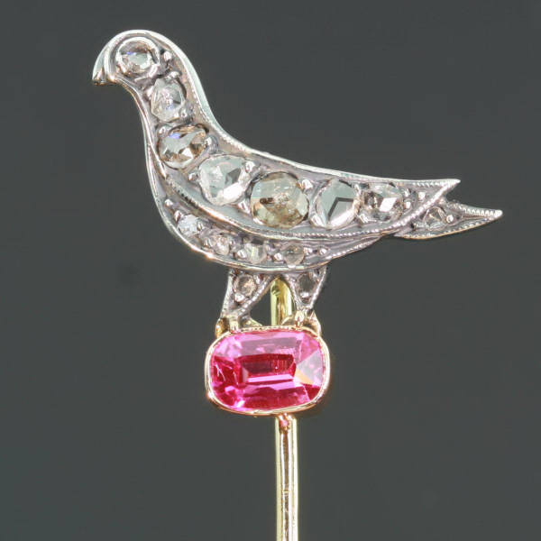 Victorian stickpin pigeon covered with rose cut diamonds standing on tourmaline