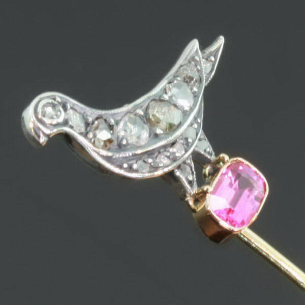 Victorian stickpin pigeon covered with rose cut diamonds standing on tourmaline