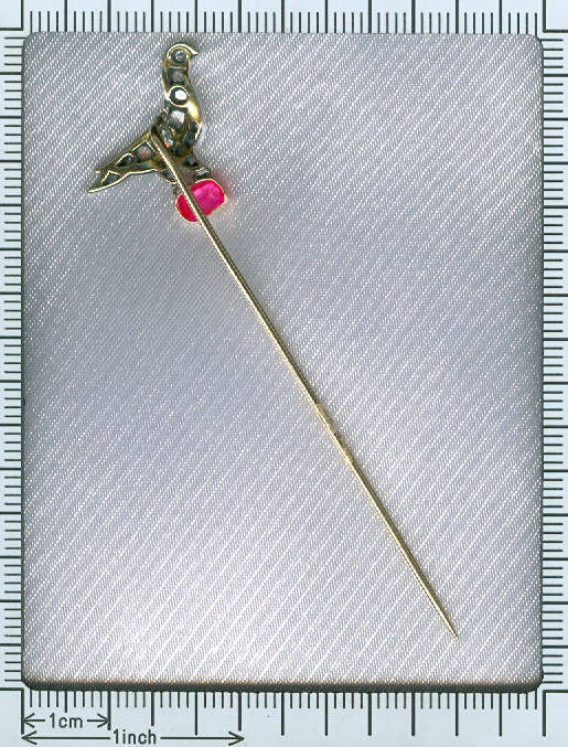Victorian stickpin pigeon covered with rose cut diamonds standing on tourmaline