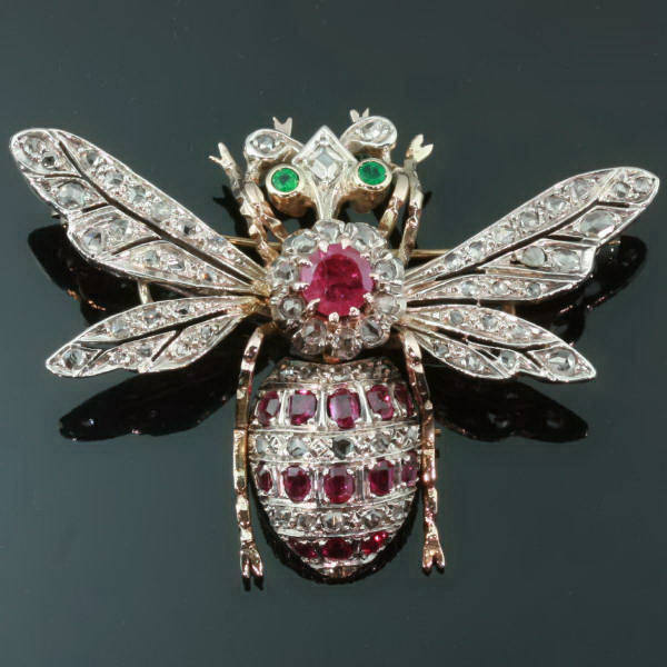 Rose cut diamonds, rubies and emeralds bejeweled bee, estate jewelry