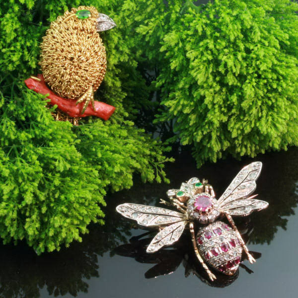 Rose cut diamonds, rubies and emeralds bejeweled bee, estate jewelry