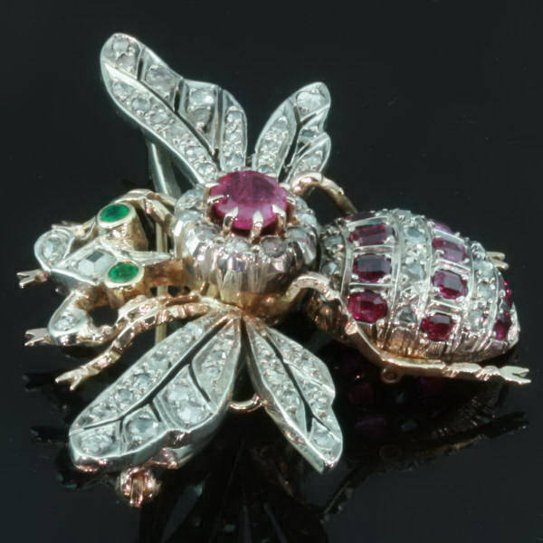 Rose cut diamonds, rubies and emeralds bejeweled bee, estate jewelry