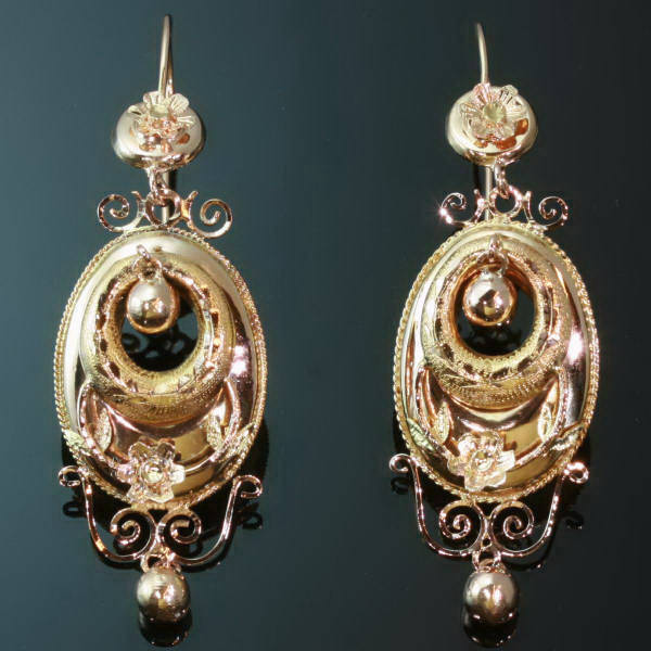 Long pendent Victorian earrings pink gold