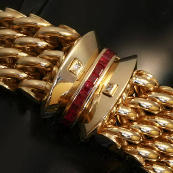 Bulky Retro style bracelet with real rubies, Italian made