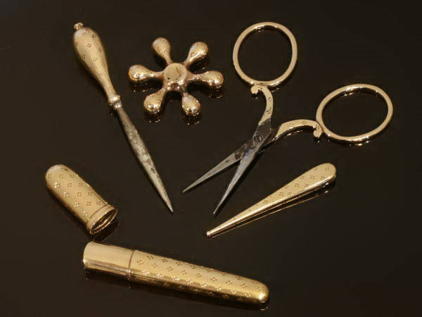 Dutch Victorian ladies sewing set, scissors, needle case, bobbin and bodkin (image 3 of 5)