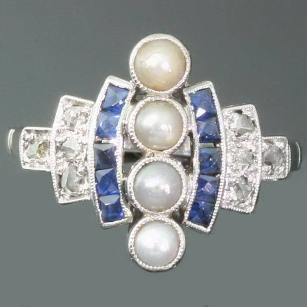 White gold Art Deco engagement ring with diamonds, sapphires and pearls