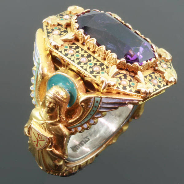 Gold Victorian Bishops ring with stunning enamel work and hidden ring with stalking wolf (image 4 of 14)