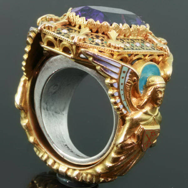 Gold Victorian Bishops ring with stunning enamel work and hidden ring with stalking wolf (image 5 of 14)