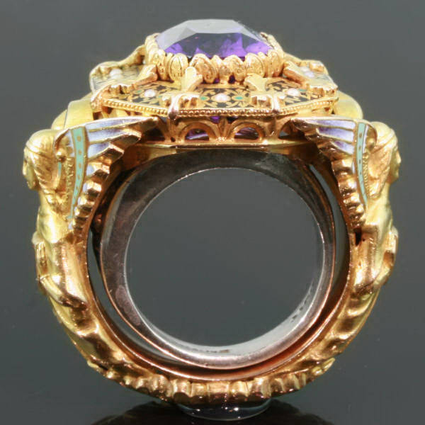 Gold Victorian Bishops ring with stunning enamel work and hidden ring with stalking wolf (image 6 of 14)