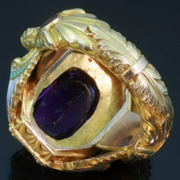 Gold Victorian Bishops ring with stunning enamel work and hidden ring with stalking wolf (image 9 of 14)