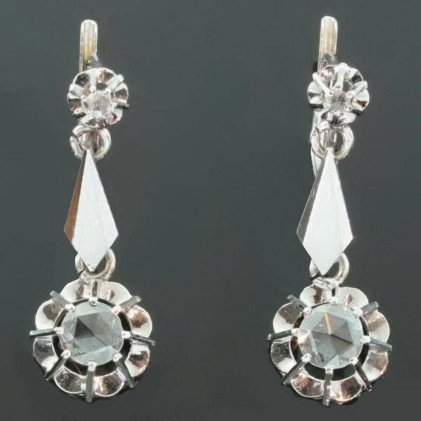 Estate diamond white gold dangle earrings, lever-back