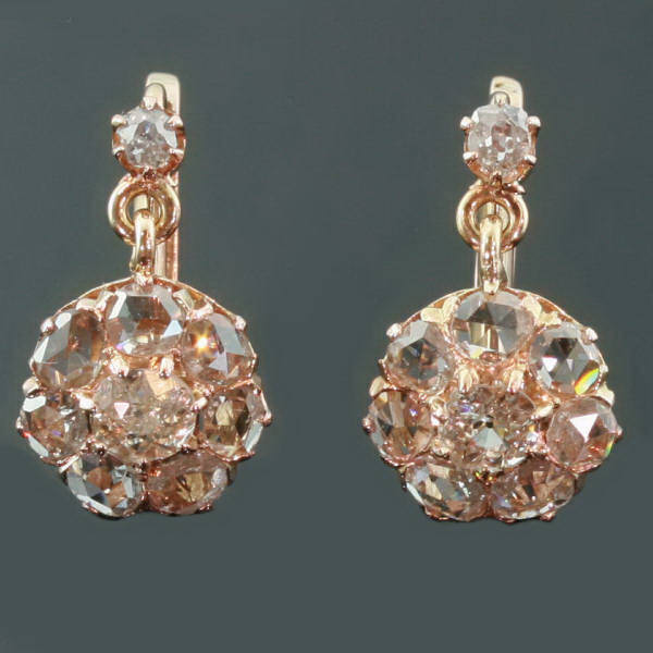 Pink gold diamond ear pendants with old mine cut diamonds and rose cut diamonds