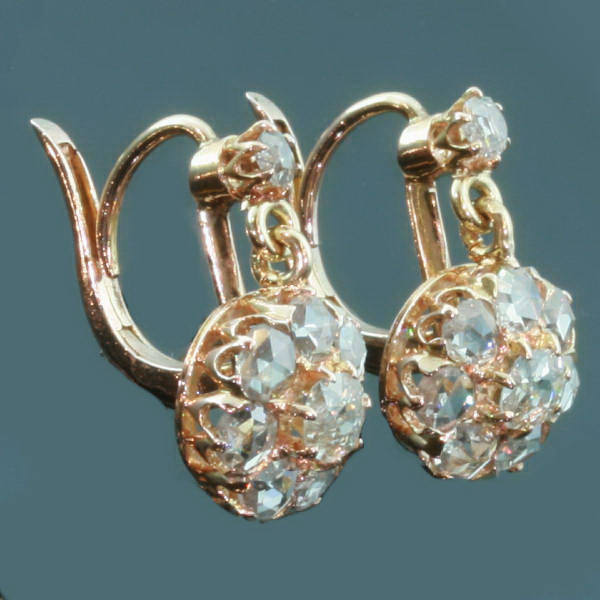 Pink gold diamond ear pendants with old mine cut diamonds and rose cut diamonds