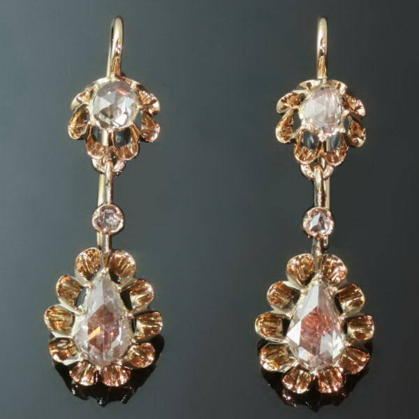 Foil set pear shaped rose cut diamond pendant earrings Victorian