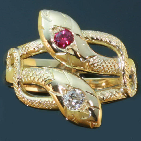 Victorian intertwined serpents or snake ring with diamond and ruby