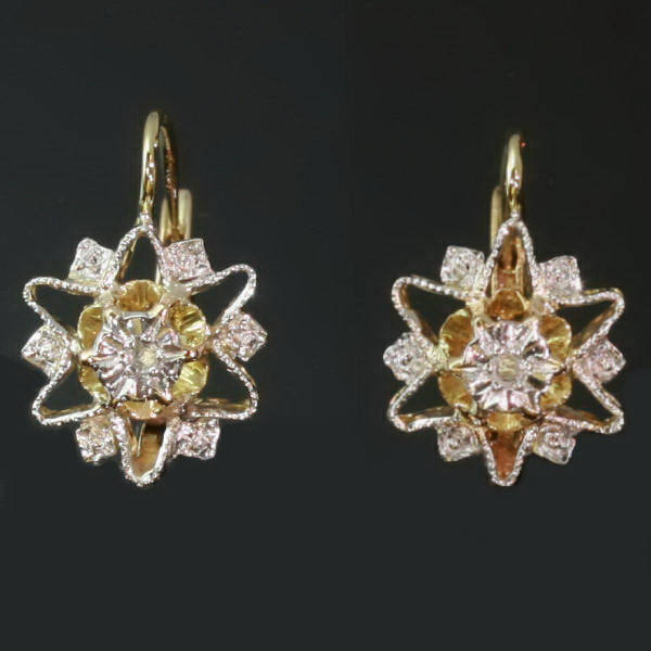 French two tone gold and diamond estate earrings