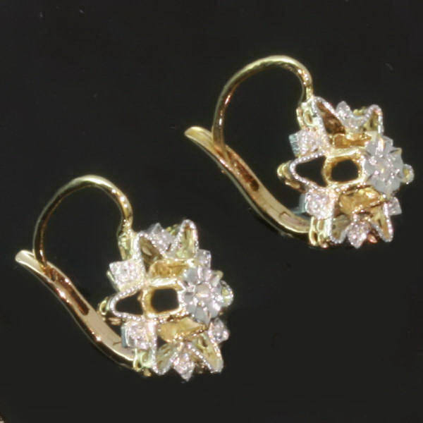 French two tone gold and diamond estate earrings