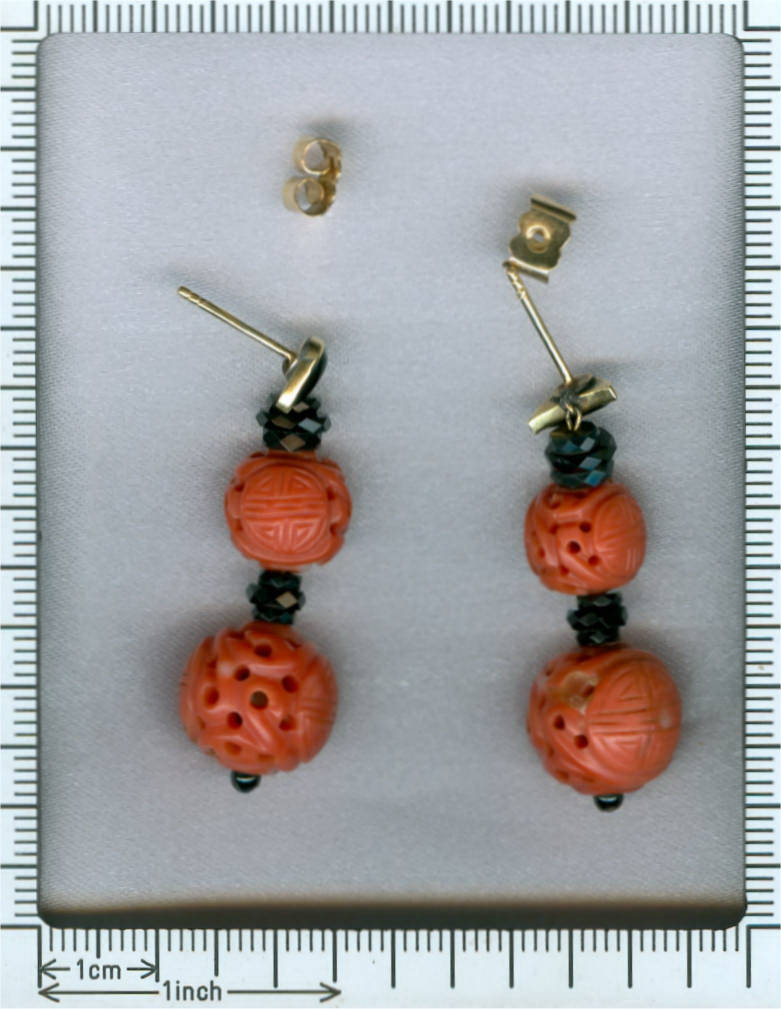 Art Deco coral dangle earrings enamel French jet