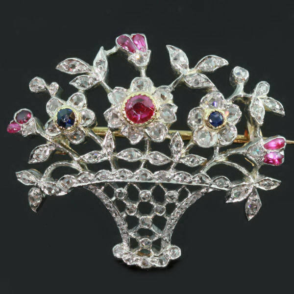 Most charming  Edwardian platinum gold precious stones flower basket