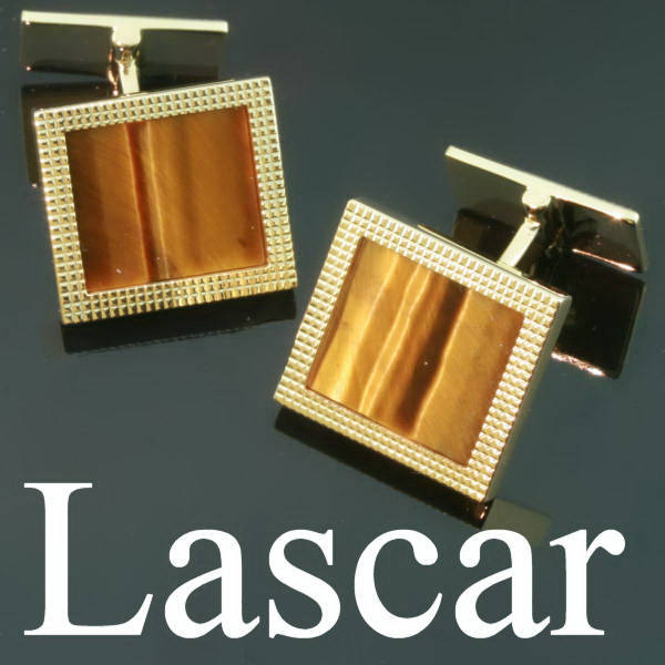 Gold estate cufflinks with tiger's eye, signed M.Lascar, Brussels