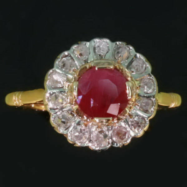 Victorian antique engagement ring with old mine brilliant cut diamonds and ruby